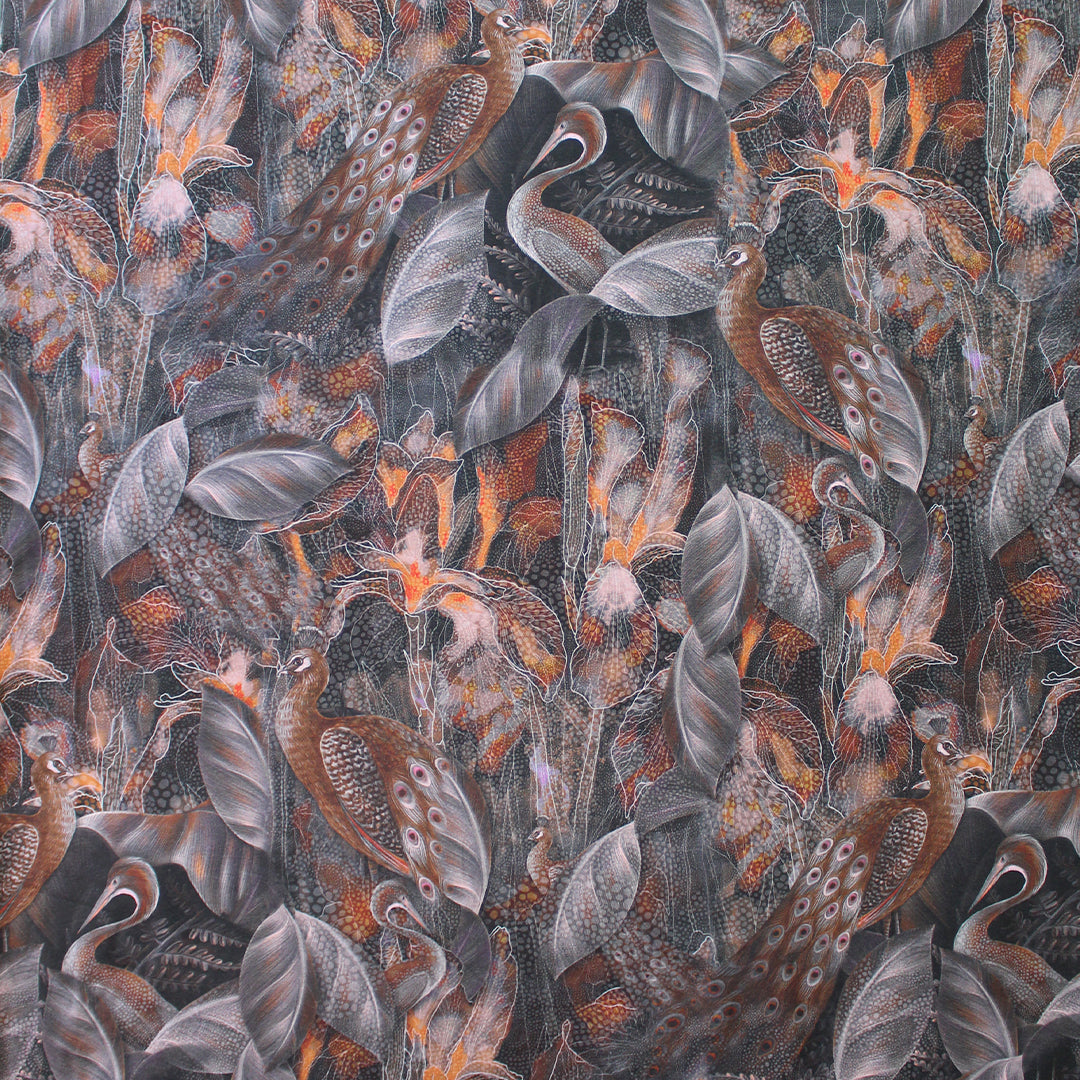 Dutch digital 'blooms and plumes' cotton knit Oeko-Tex - spice/gray 1.5 yd