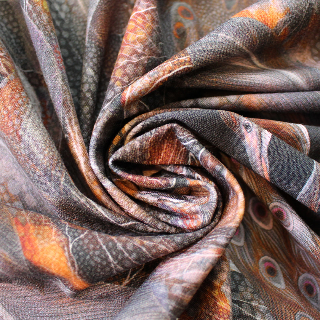 Dutch digital 'blooms and plumes' cotton knit Oeko-Tex - spice/gray 1.5 yd