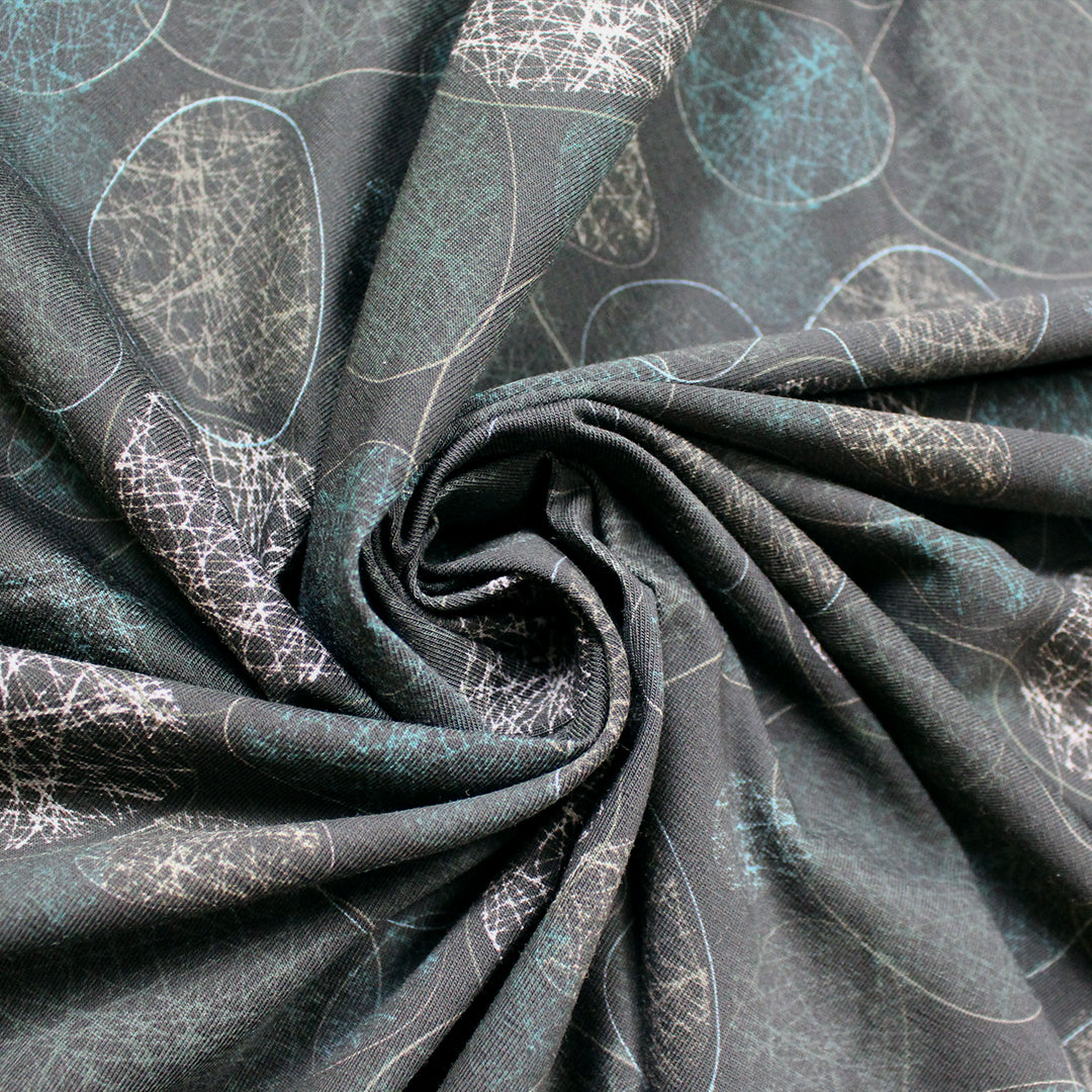 Dutch digital 'etched stones' cotton knit Oeko-Tex cert. - black/teal .75 yds