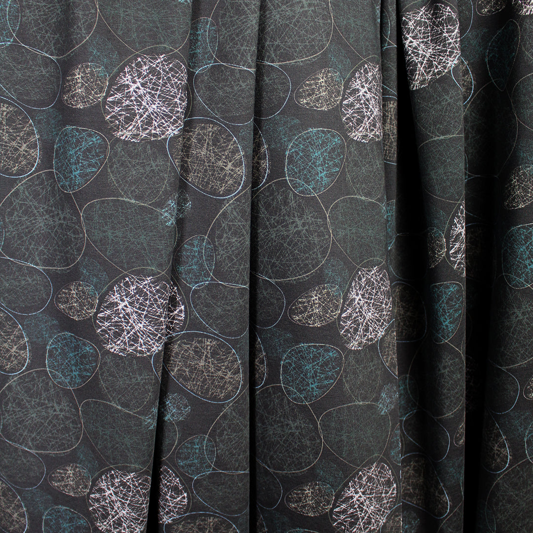 Dutch digital 'etched stones' cotton knit Oeko-Tex cert. - black/teal .75 yds