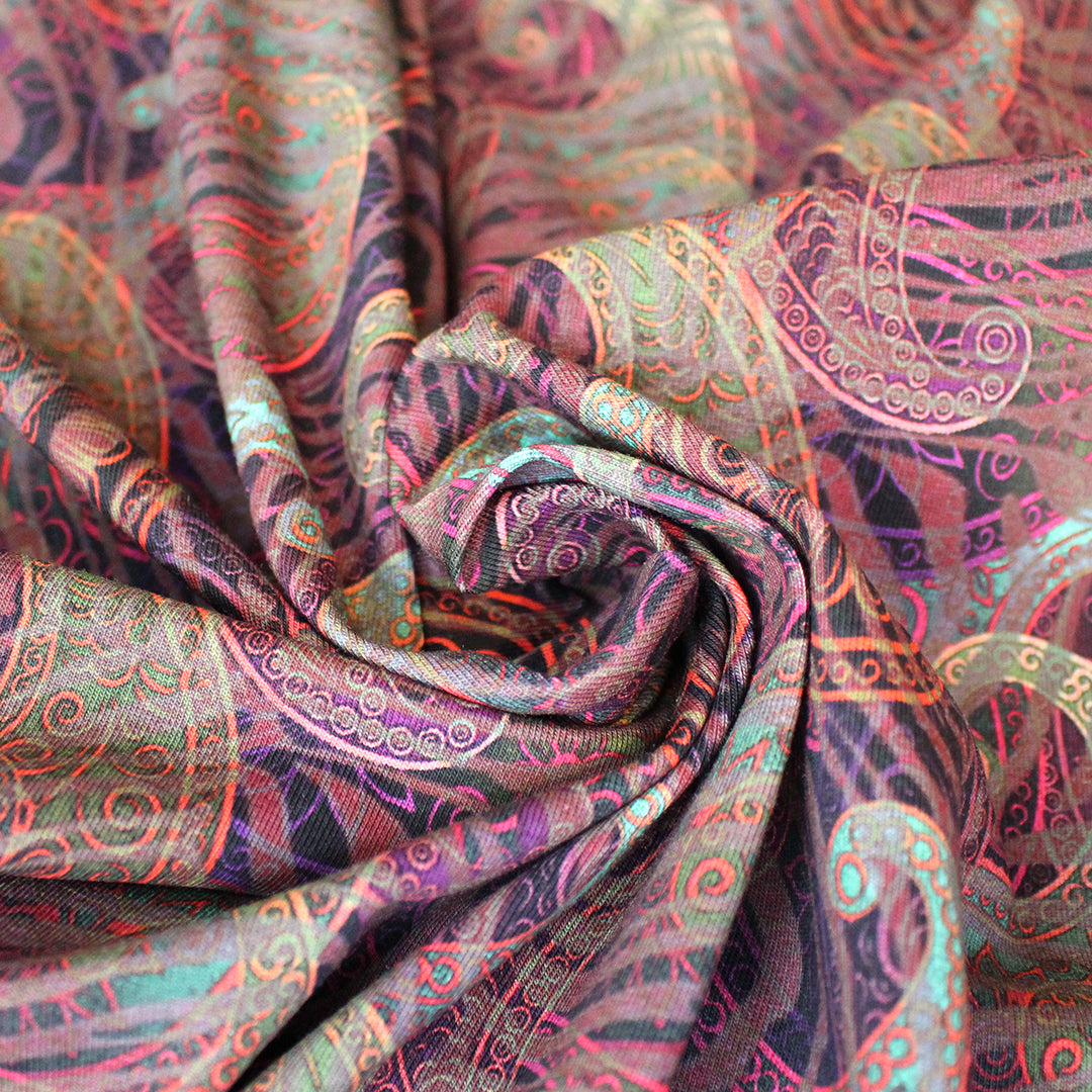 Dutch digital 'paisley glow' cotton knit Oeko-Tex - crimson/jade 1.25 yds