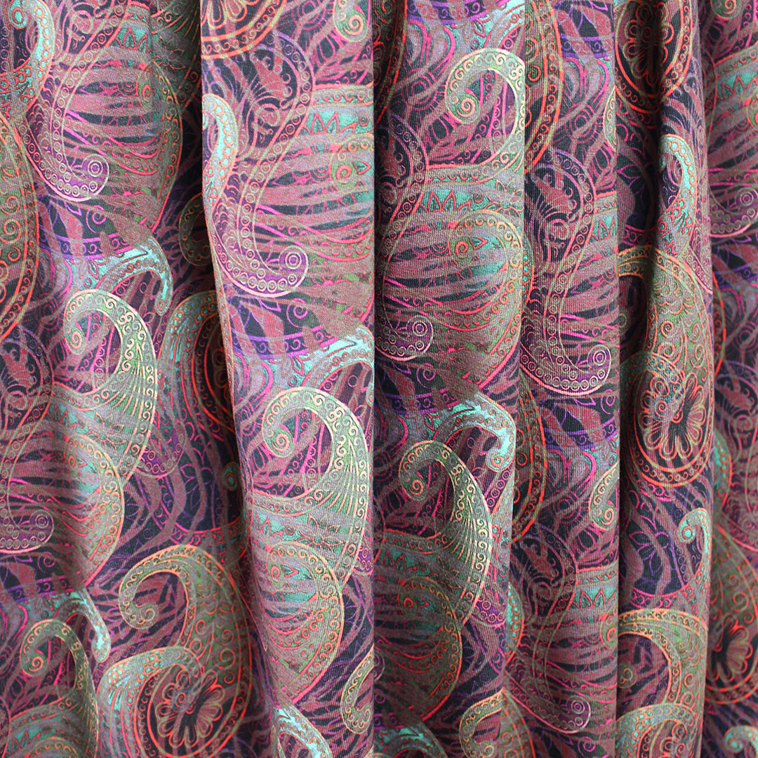Dutch digital 'paisley glow' cotton knit Oeko-Tex - crimson/jade 1.25 yds