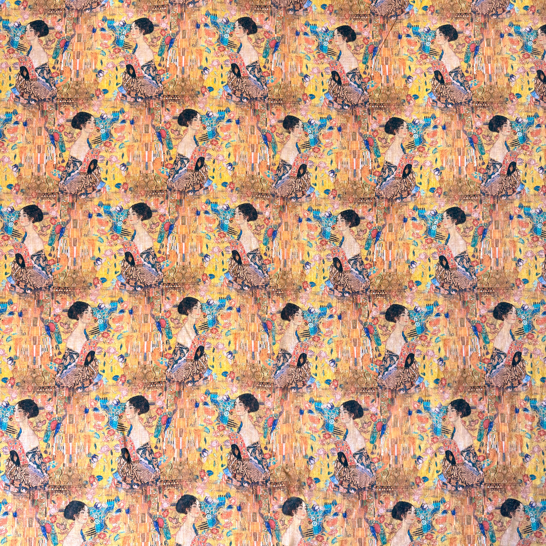 Dutch digital Klimt's 'Lady with a Fan' viscose/linen woven - gold .6 yds