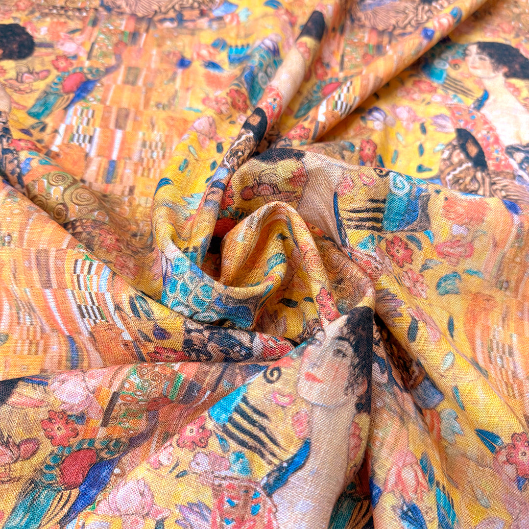 Dutch digital Klimt's 'Lady with a Fan' viscose/linen woven - gold .6 yds