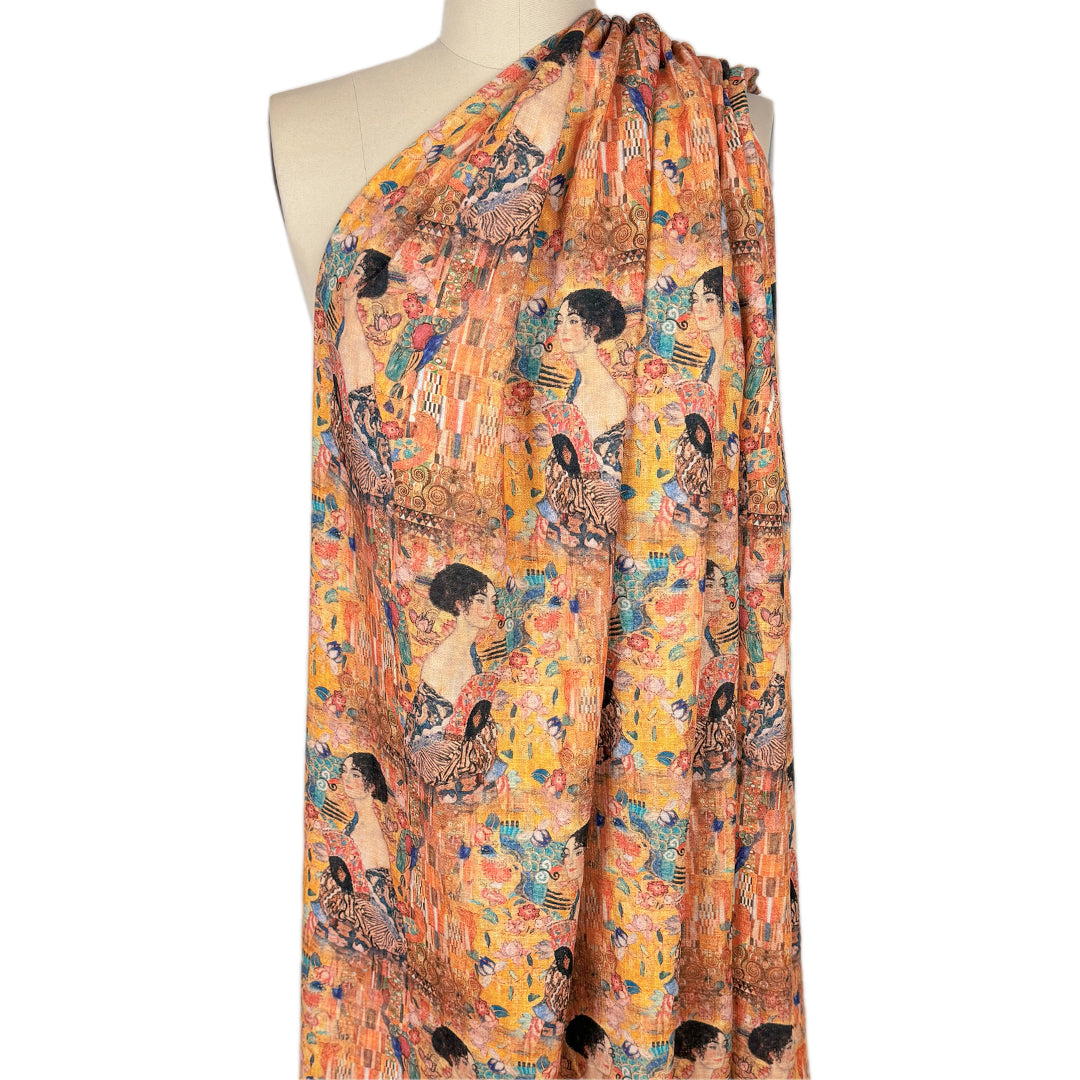 Dutch digital Klimt's 'Lady with a Fan' viscose/linen woven - gold .6 yds