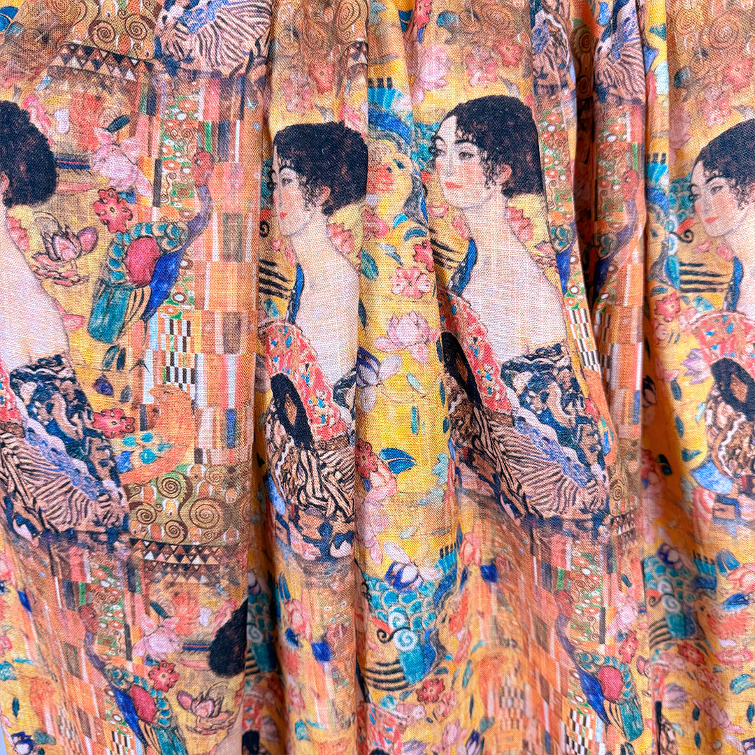 Dutch digital Klimt's 'Lady with a Fan' viscose/linen woven - gold .6 yds