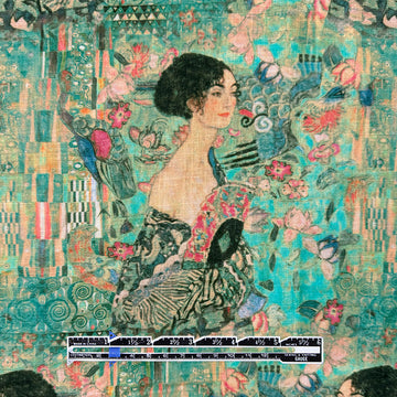 Dutch digital Klimt's 'Lady with a Fan' viscose/linen woven - jade .625 yds