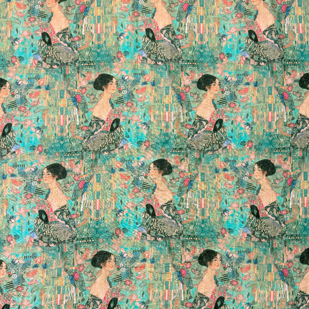 Dutch digital Klimt's 'Lady with a Fan' viscose/linen woven - jade .625 yds