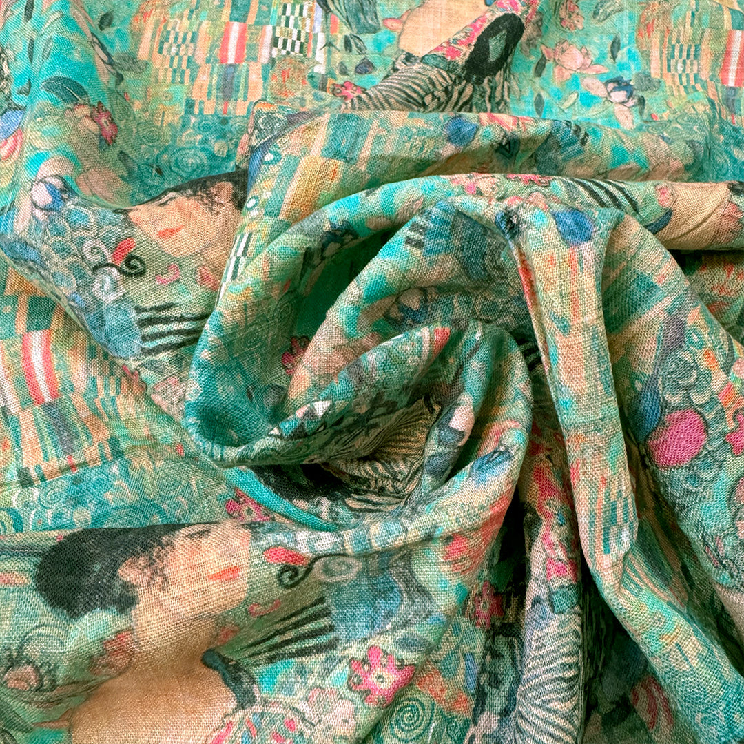 Dutch digital Klimt's 'Lady with a Fan' viscose/linen woven - jade 1.5 yds
