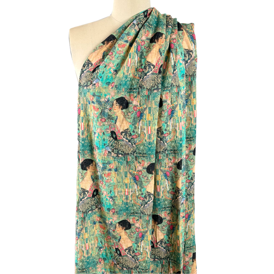 Dutch digital Klimt's 'Lady with a Fan' viscose/linen woven - jade 1.5 yds
