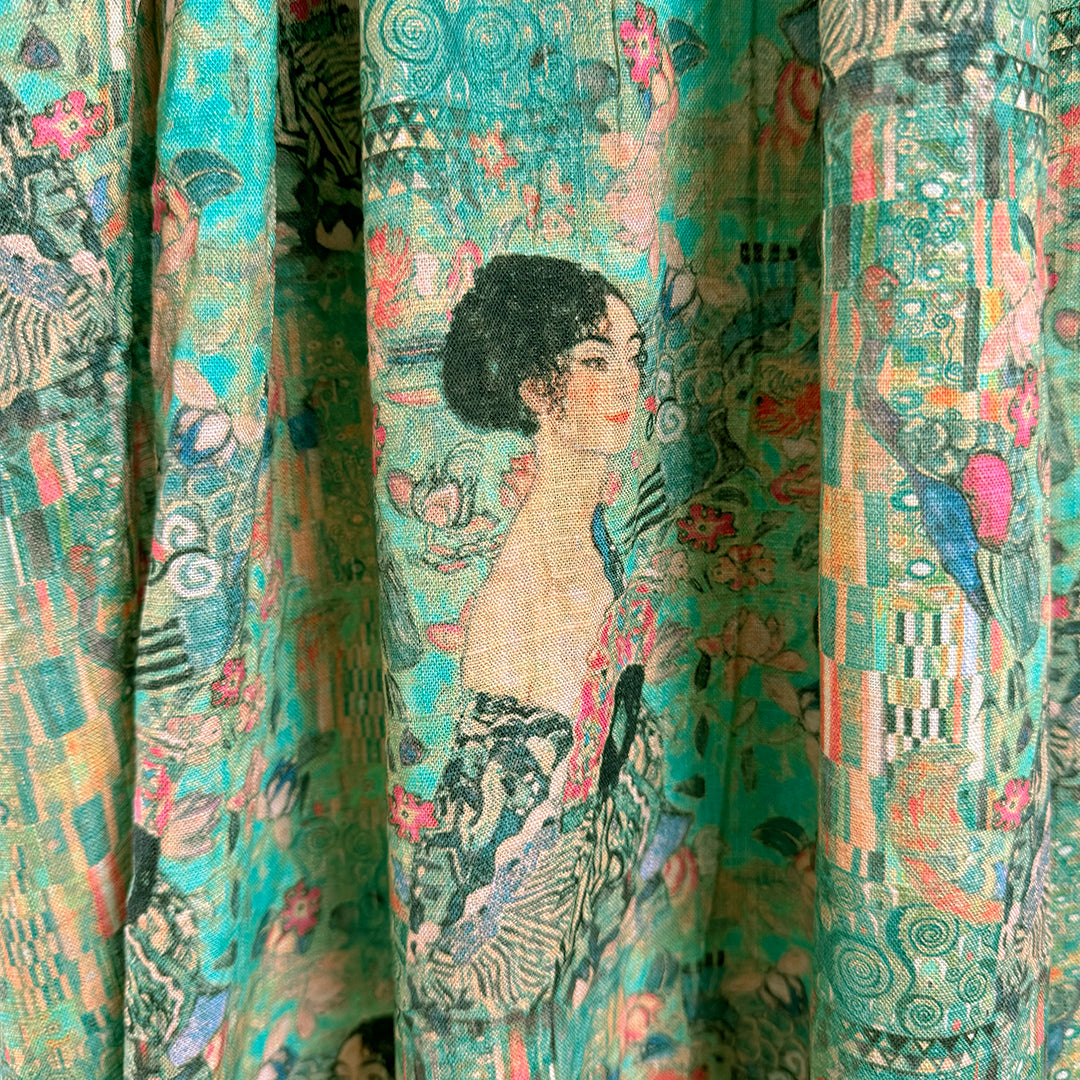 Dutch digital Klimt's 'Lady with a Fan' viscose/linen woven - jade 1.5 yds