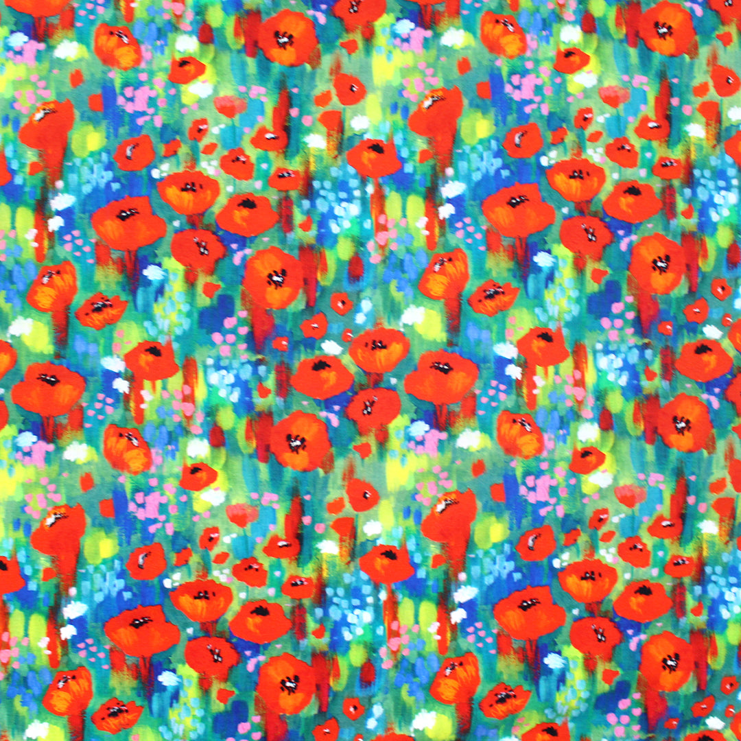 Dutch digital 'poppy fields' viscose knit, Oeko-Tex cert. 1 yard