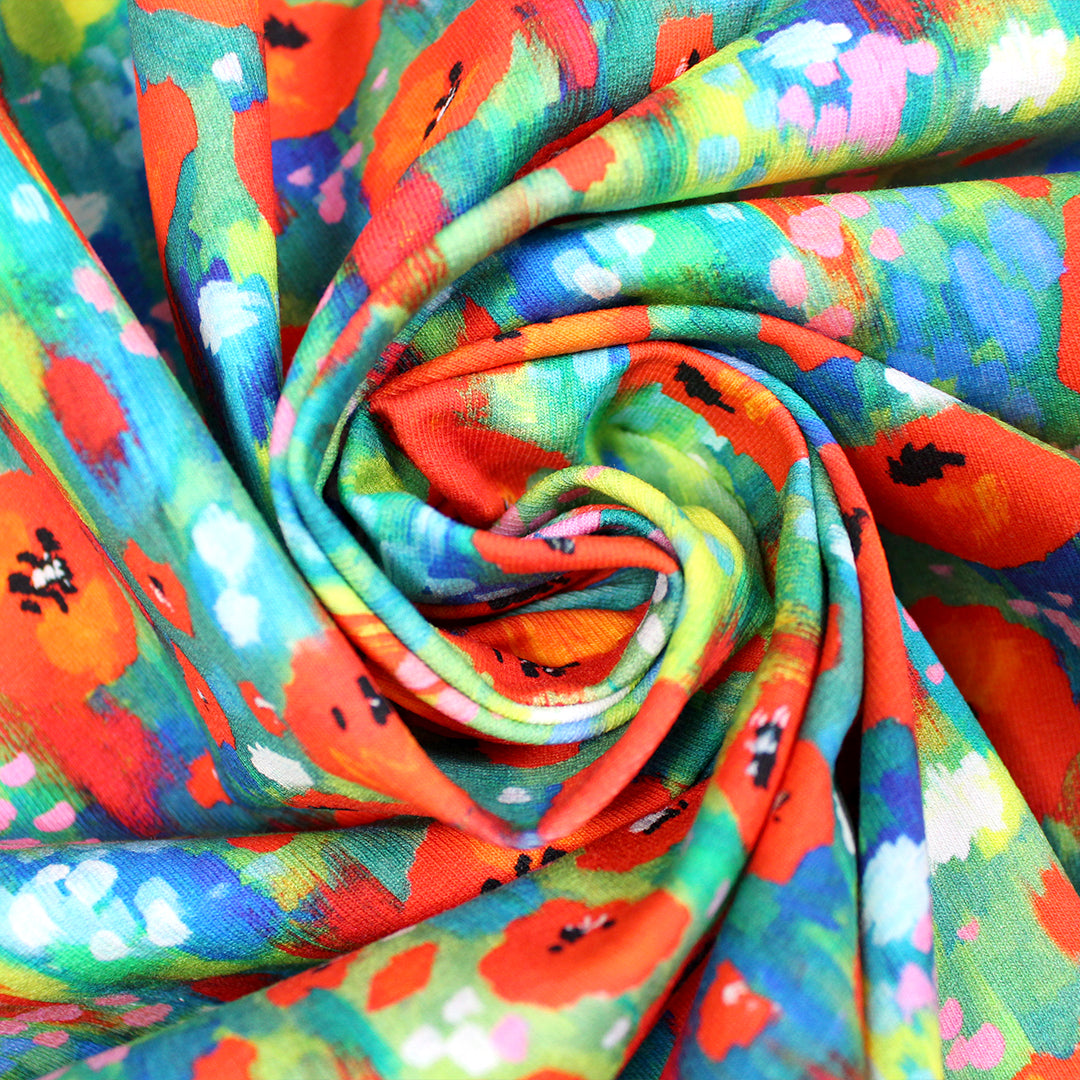 Dutch digital 'poppy fields' viscose knit, Oeko-Tex cert. 1 yard