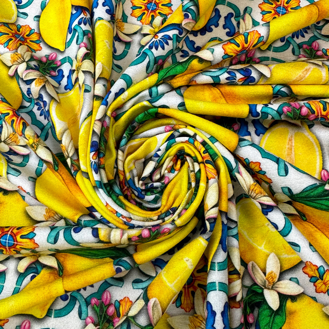 Dutch digital 'lemons from Mallorca' cotton knit, Oeko-Tex cert. 1 yard