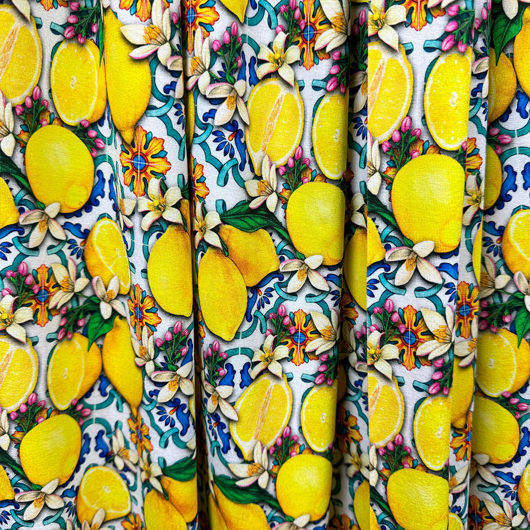 Dutch digital 'lemons from Mallorca' cotton knit, Oeko-Tex cert. 1 yard