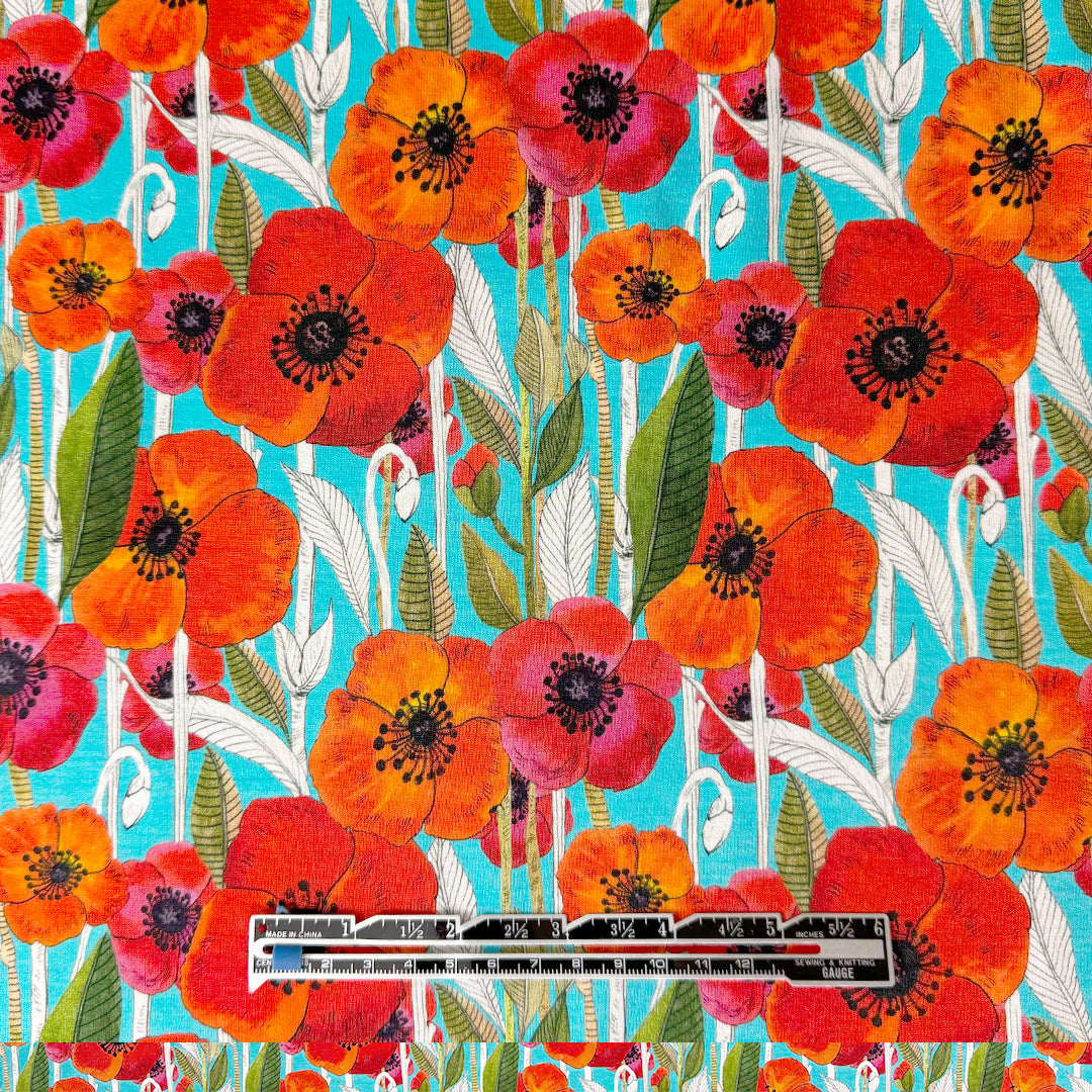 Dutch digital 'summer poppies' viscose knit, Oeko-Tex cert. .75 yds