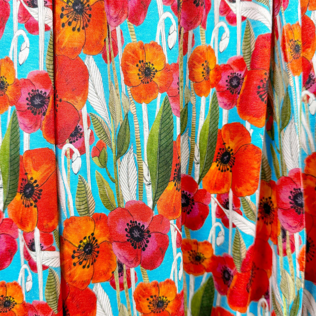 Dutch digital 'summer poppies' viscose knit, Oeko-Tex cert. .75 yds