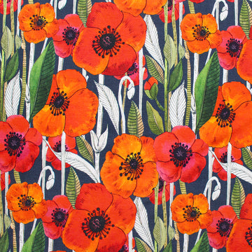 Dutch digital 'summer poppies' viscose knit - red/navy, Oeko-Tex cert. 1 yard