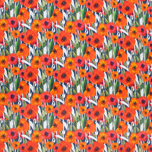 Dutch digital 'summer poppies' viscose knit - red/navy, Oeko-Tex cert.