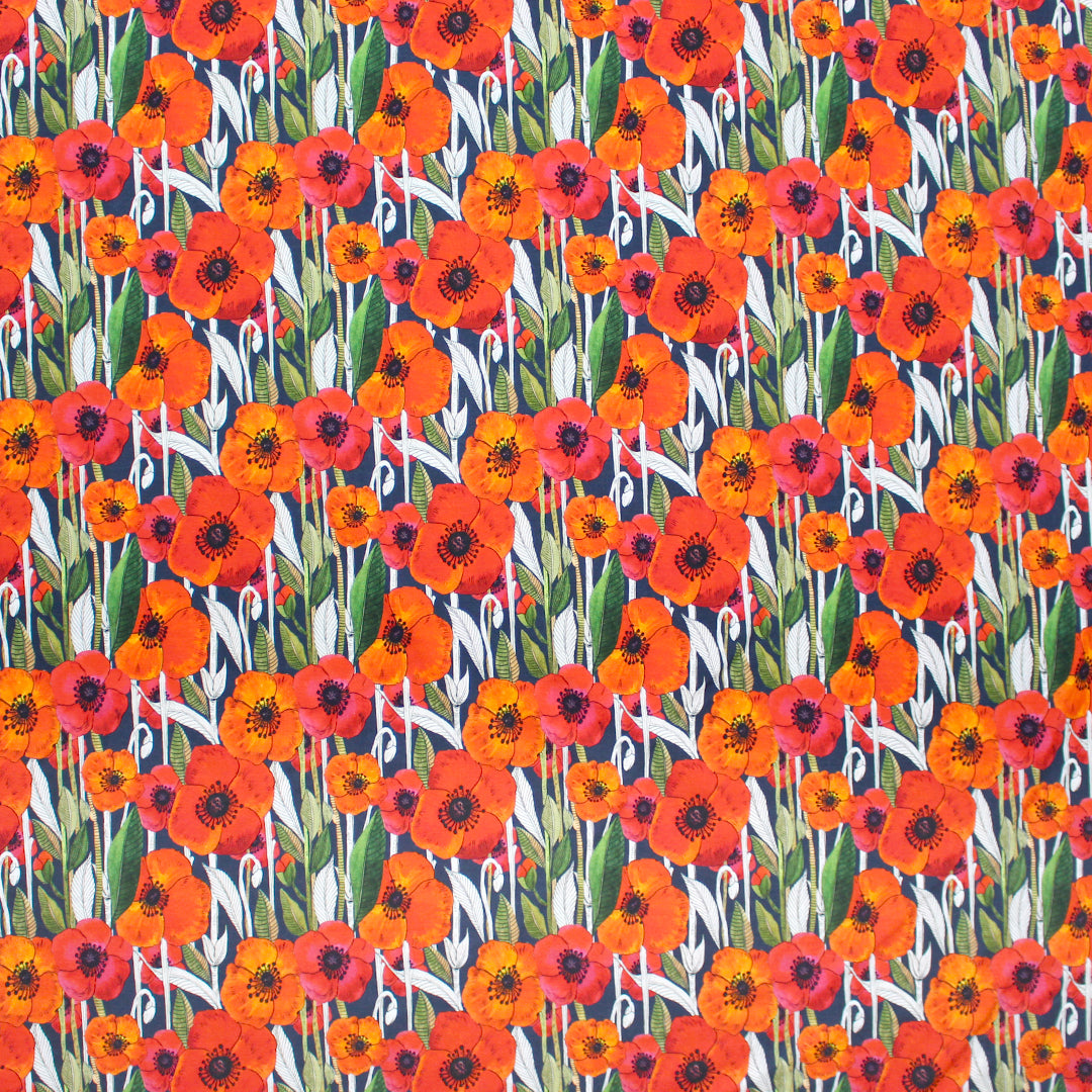 Dutch digital 'summer poppies' viscose knit - red/navy, Oeko-Tex cert. 1 yard