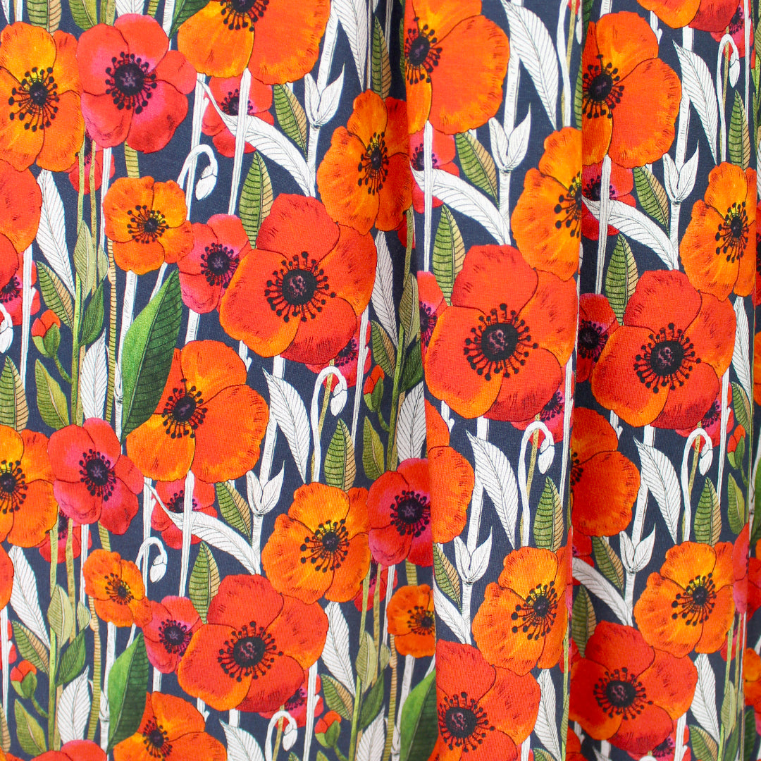 Dutch digital 'summer poppies' viscose knit - red/navy, Oeko-Tex cert. 1 yard