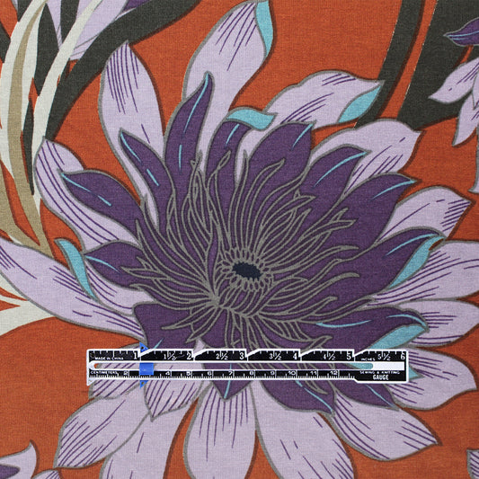 'floral drama' viscose knit, Oeko-Tex cert. - rust/purple