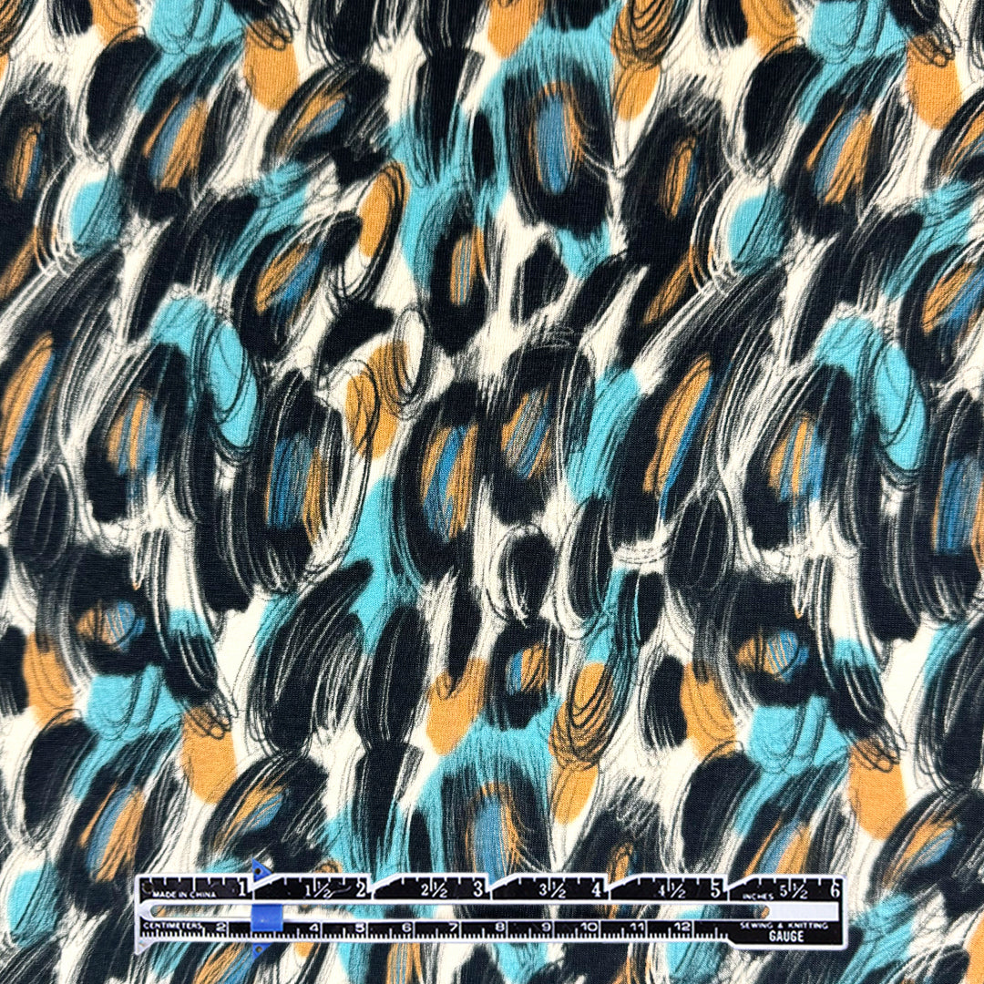 Dutch digital 'scribble study' cotton knit, Oeko-Tex cert. - caramel/sky 2.25 yds