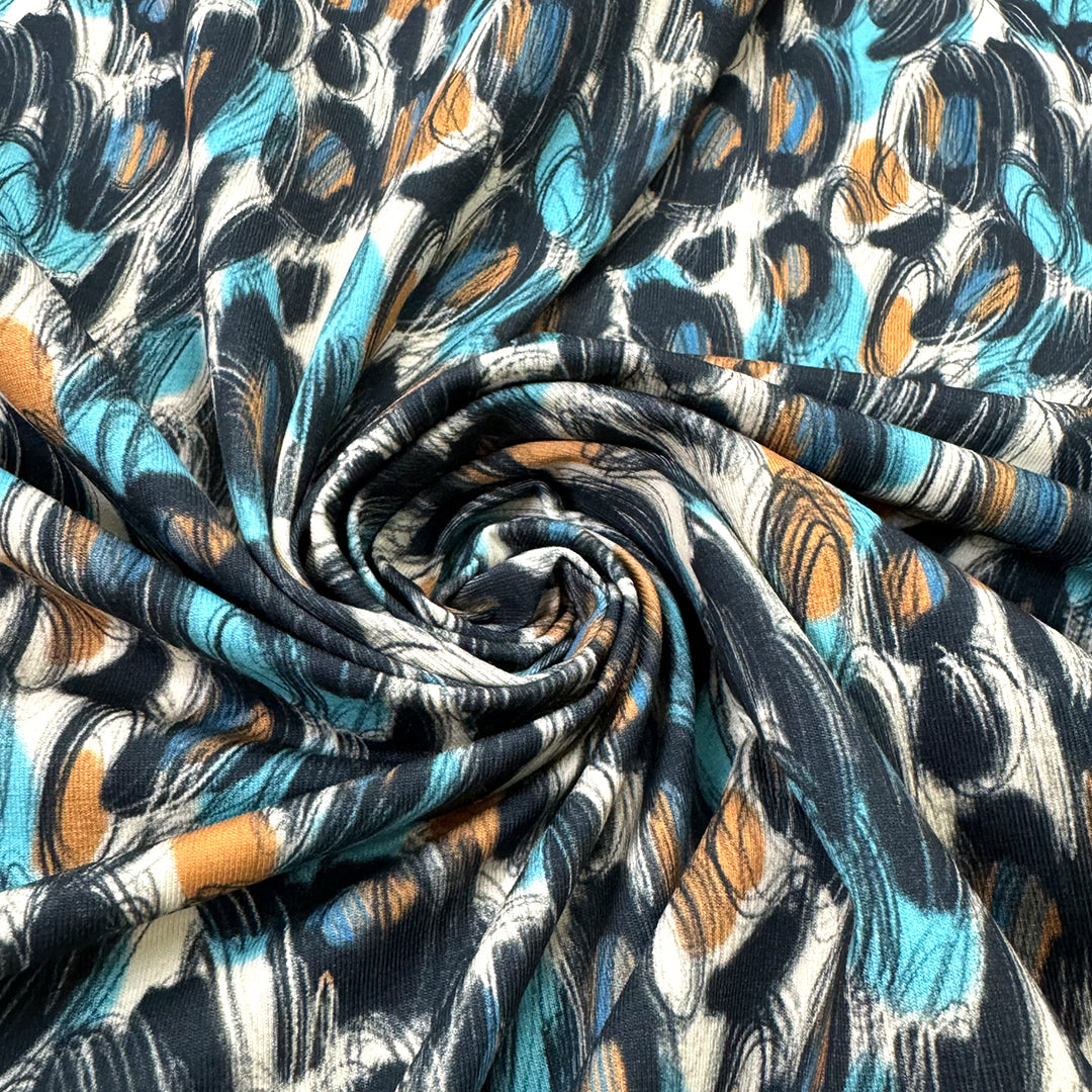 Dutch digital 'scribble study' cotton knit, Oeko-Tex cert. - caramel/sky 2.25 yds