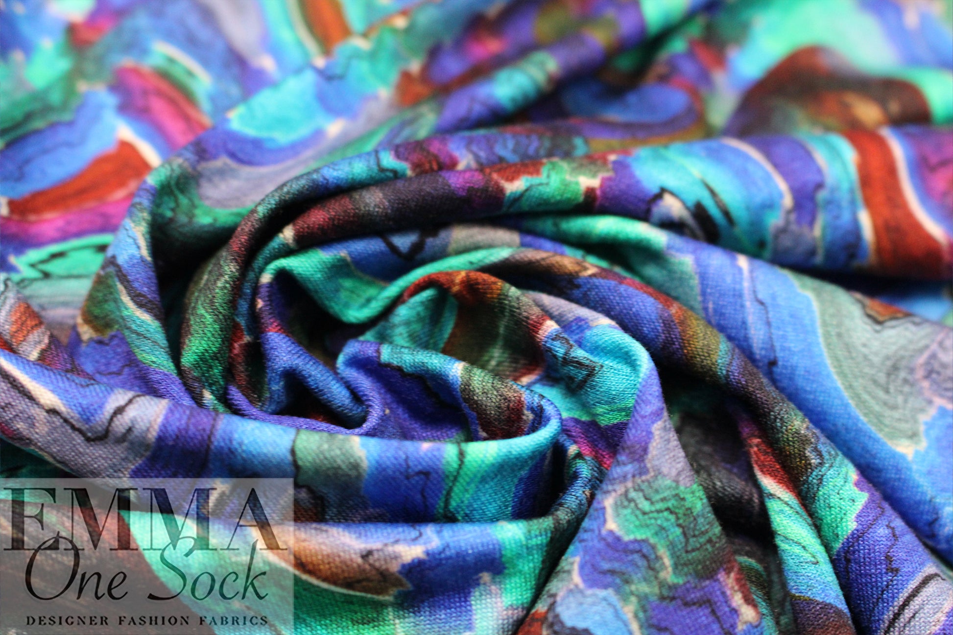 Dutch digital 'prismata blues' viscose knit Oeko-Tex cert. 1.875 yd
