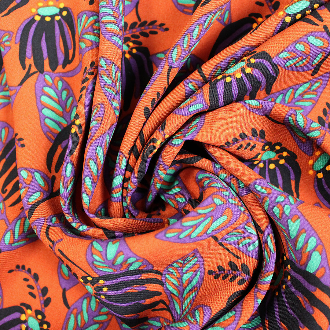 ECOVERO 'arts and crafts coneflowers' viscose challis woven 1.25 yds
