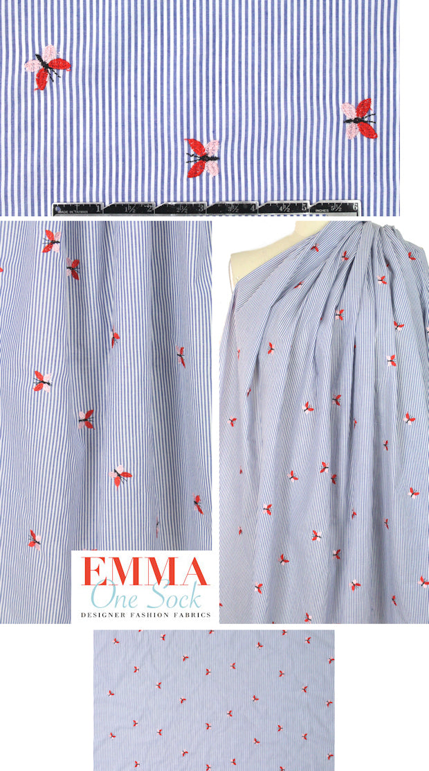 butterfly embroidered blue/white stripe shirting 1.66 yd