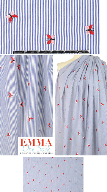 butterfly embroidered blue/white stripe shirting 1.66 yd