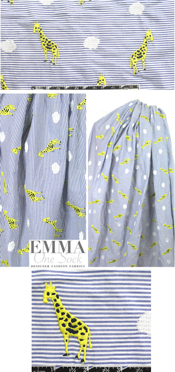 giraffe embroidered blue/white stripe shirting .875 yds