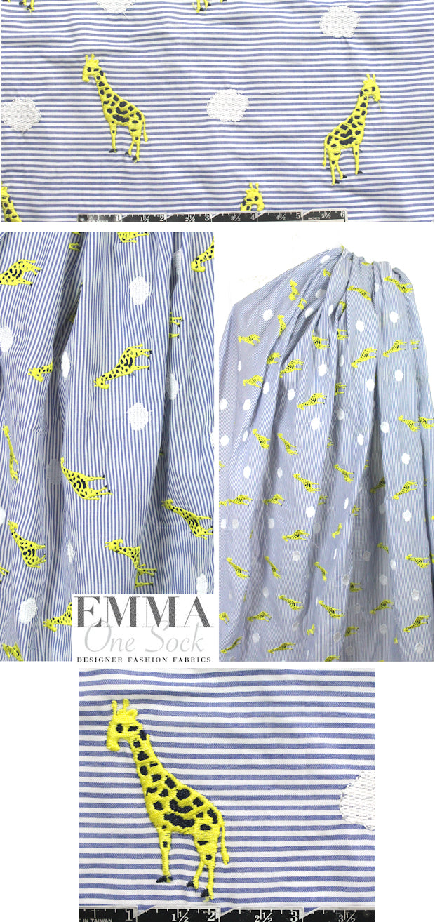 giraffe embroidered blue/white stripe shirting 1.625 yds