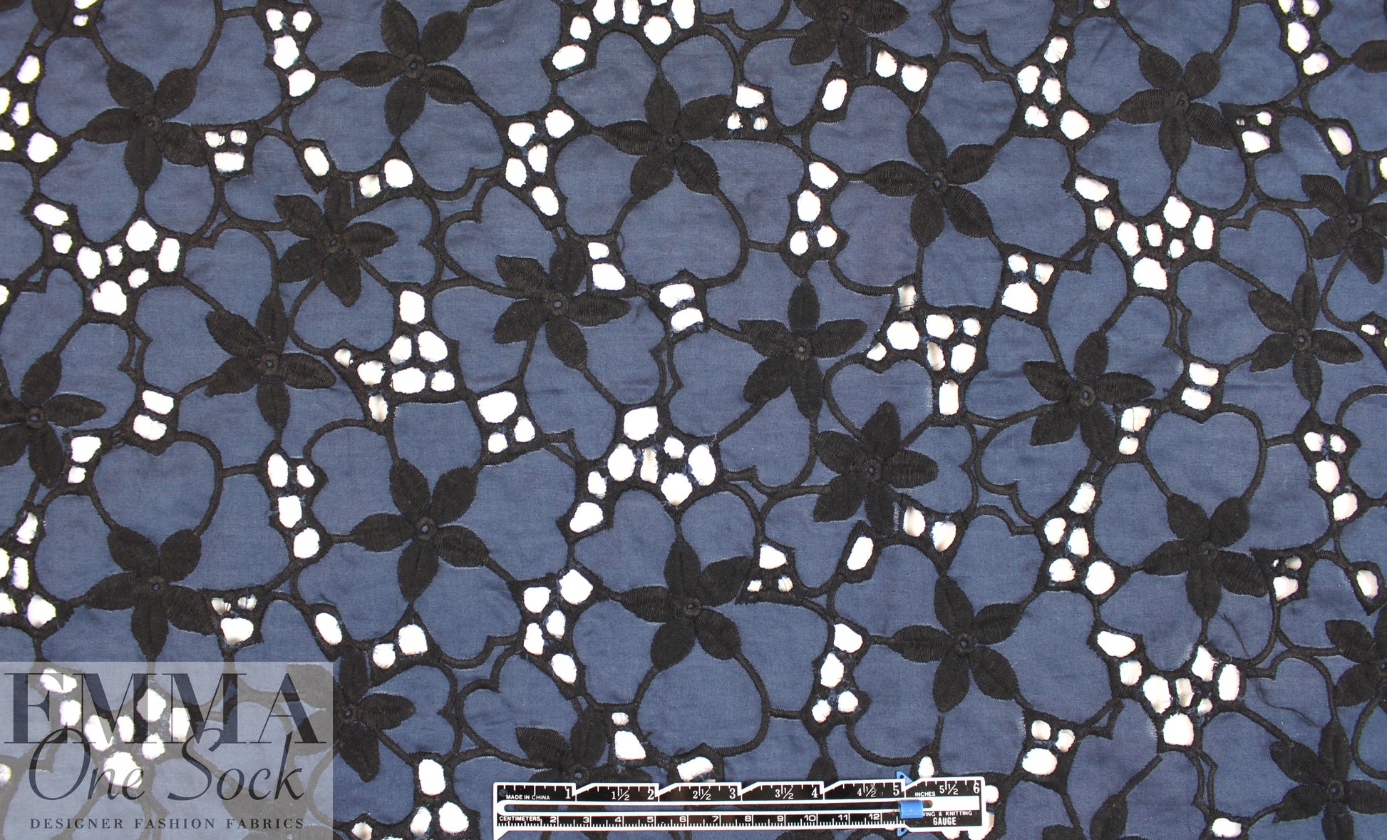 famous designer cotton eyelet voile - marine/black