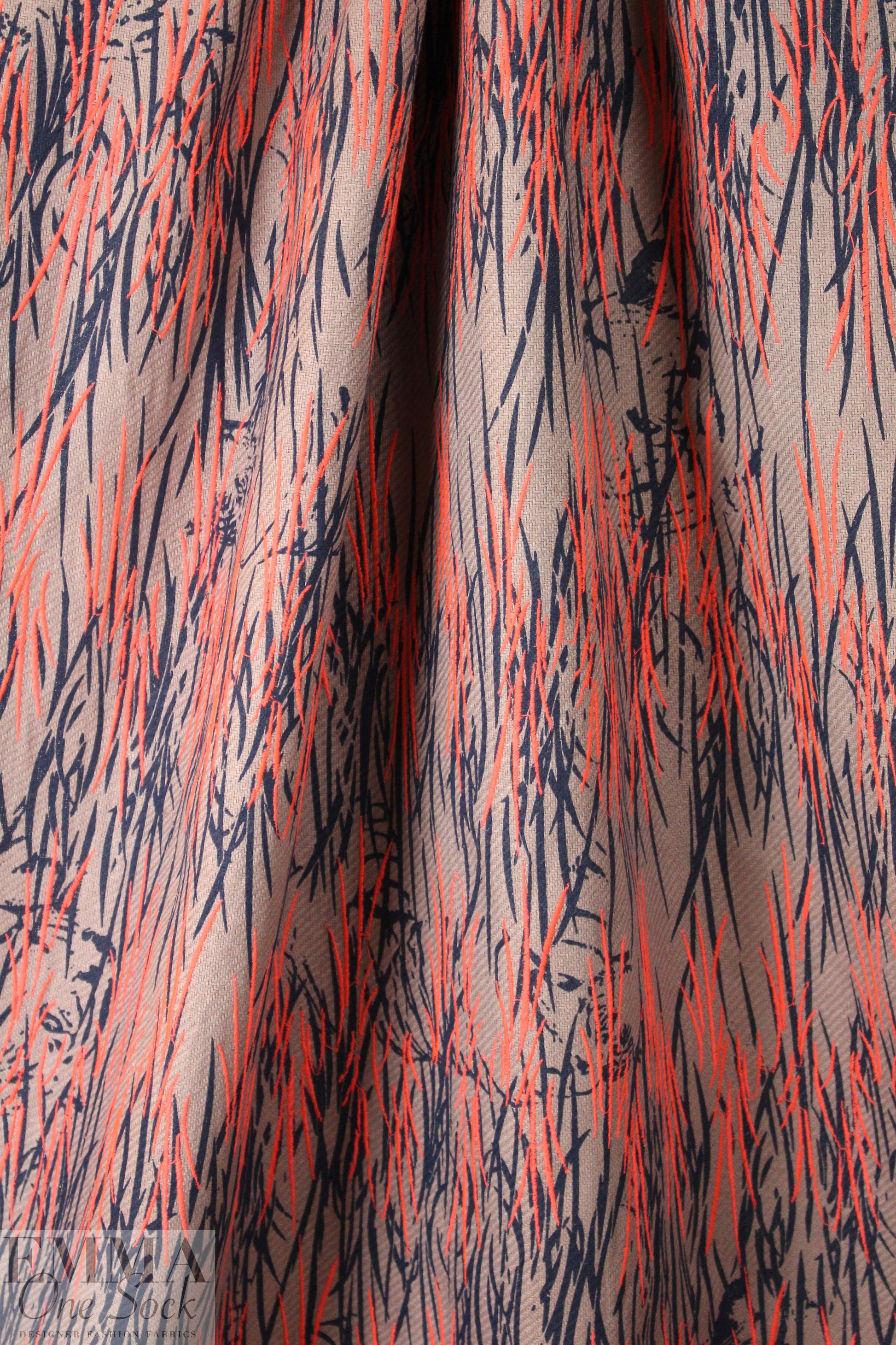 NY designer printed, embroidered raw silk - coral jungle .66 yds