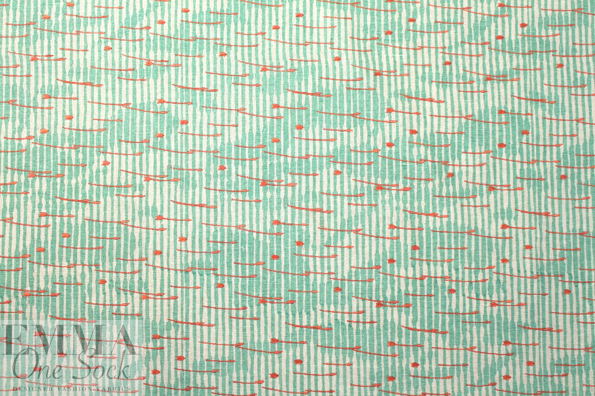 NY designer printed, embroidered silk/linen - coral stripe 1.125 yds
