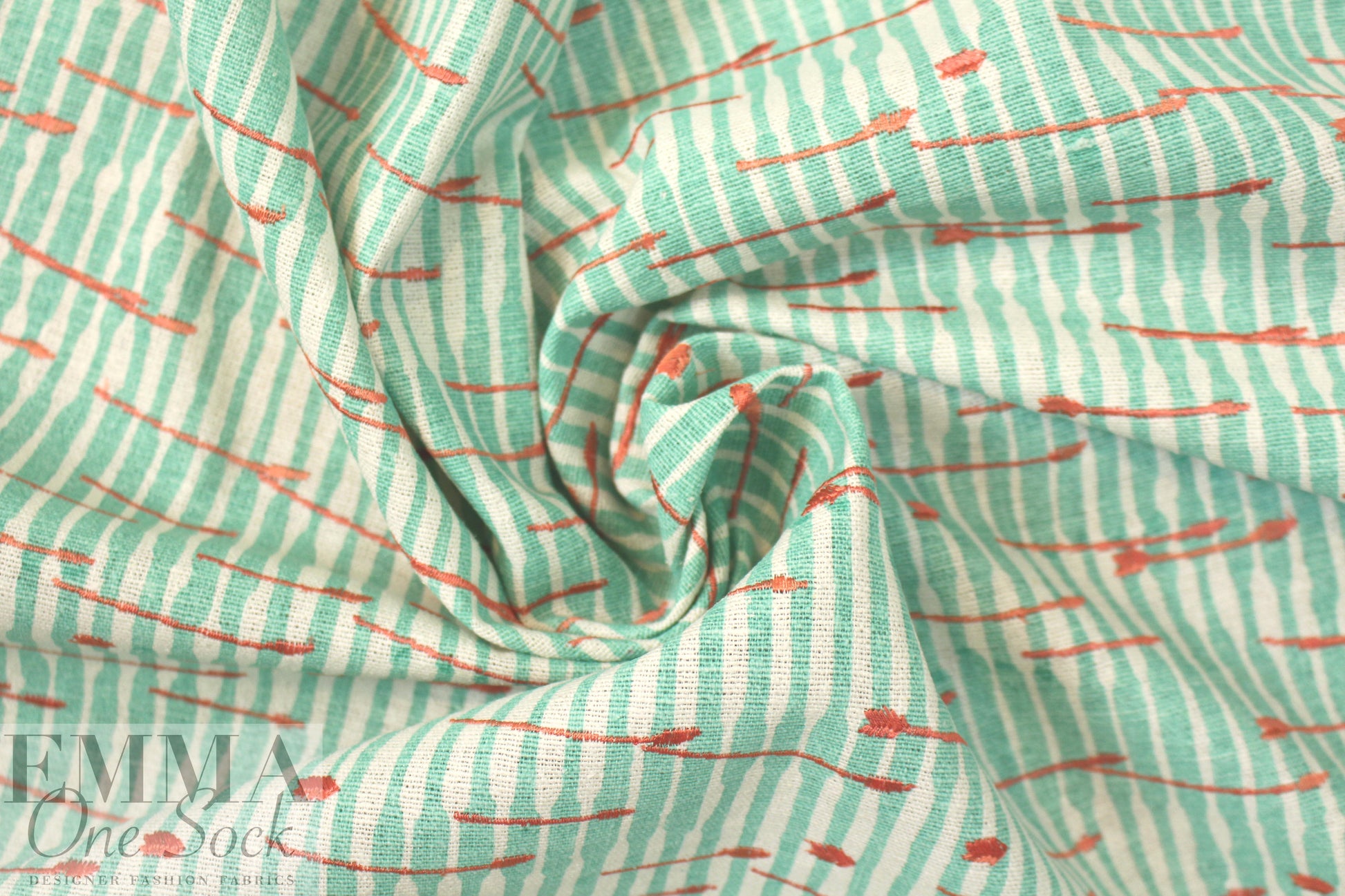 NY designer printed, embroidered silk/linen - coral stripe 1.875 yd