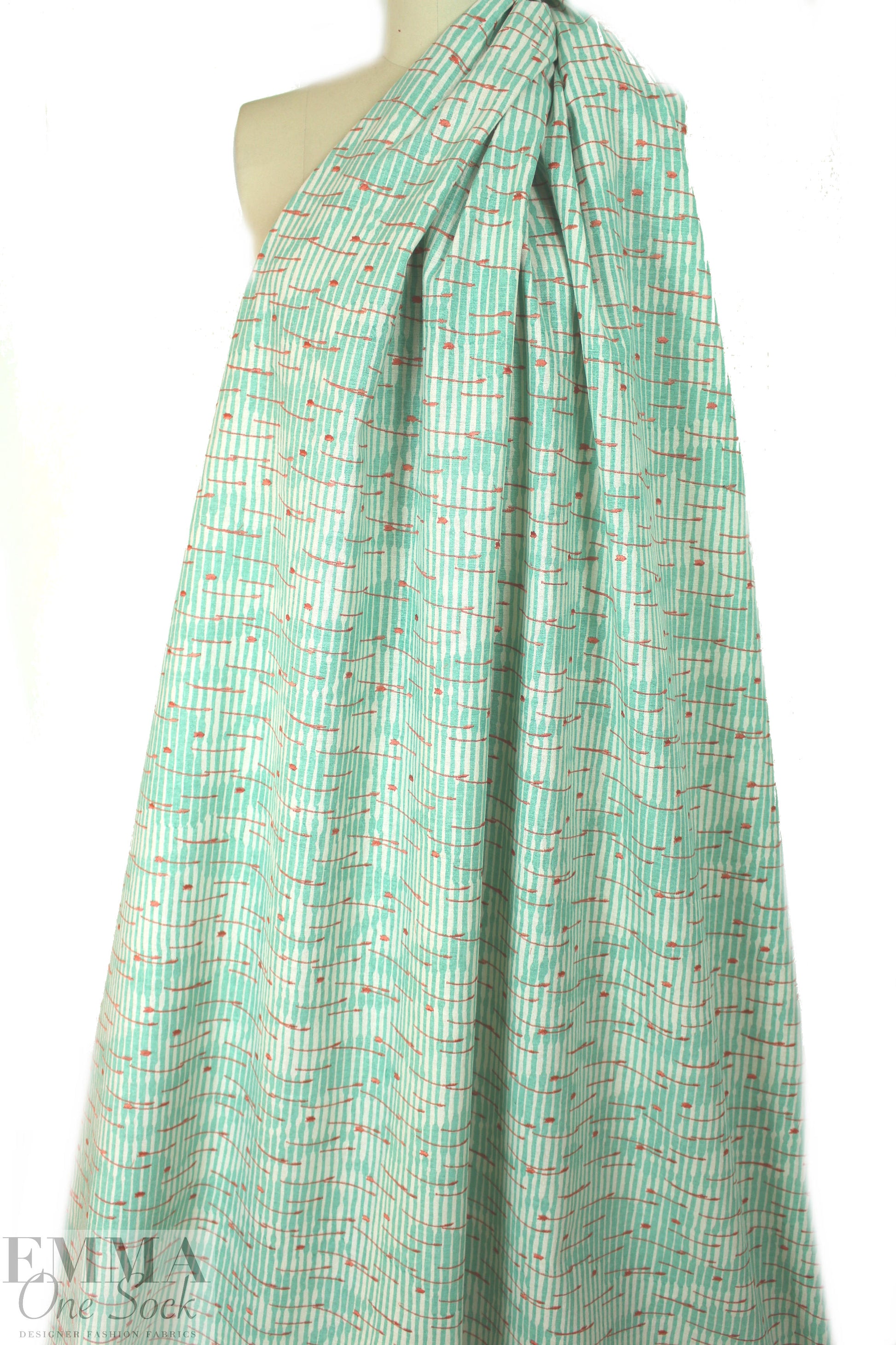 NY designer printed, embroidered silk/linen - coral stripe 1.875 yd