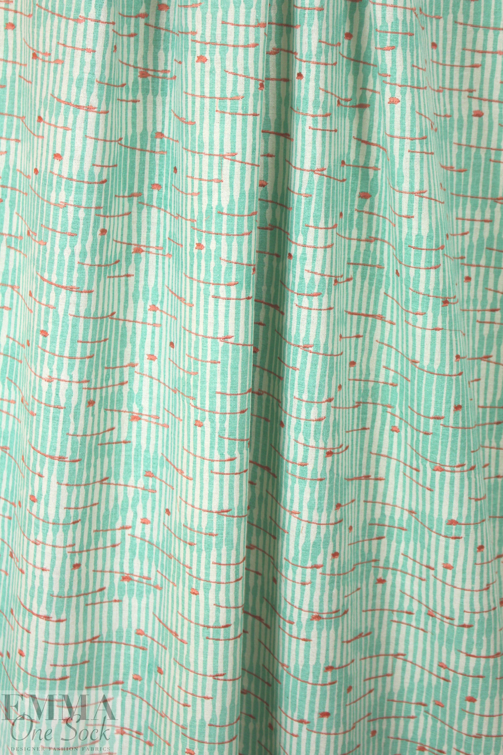 NY designer printed, embroidered silk/linen - coral stripe