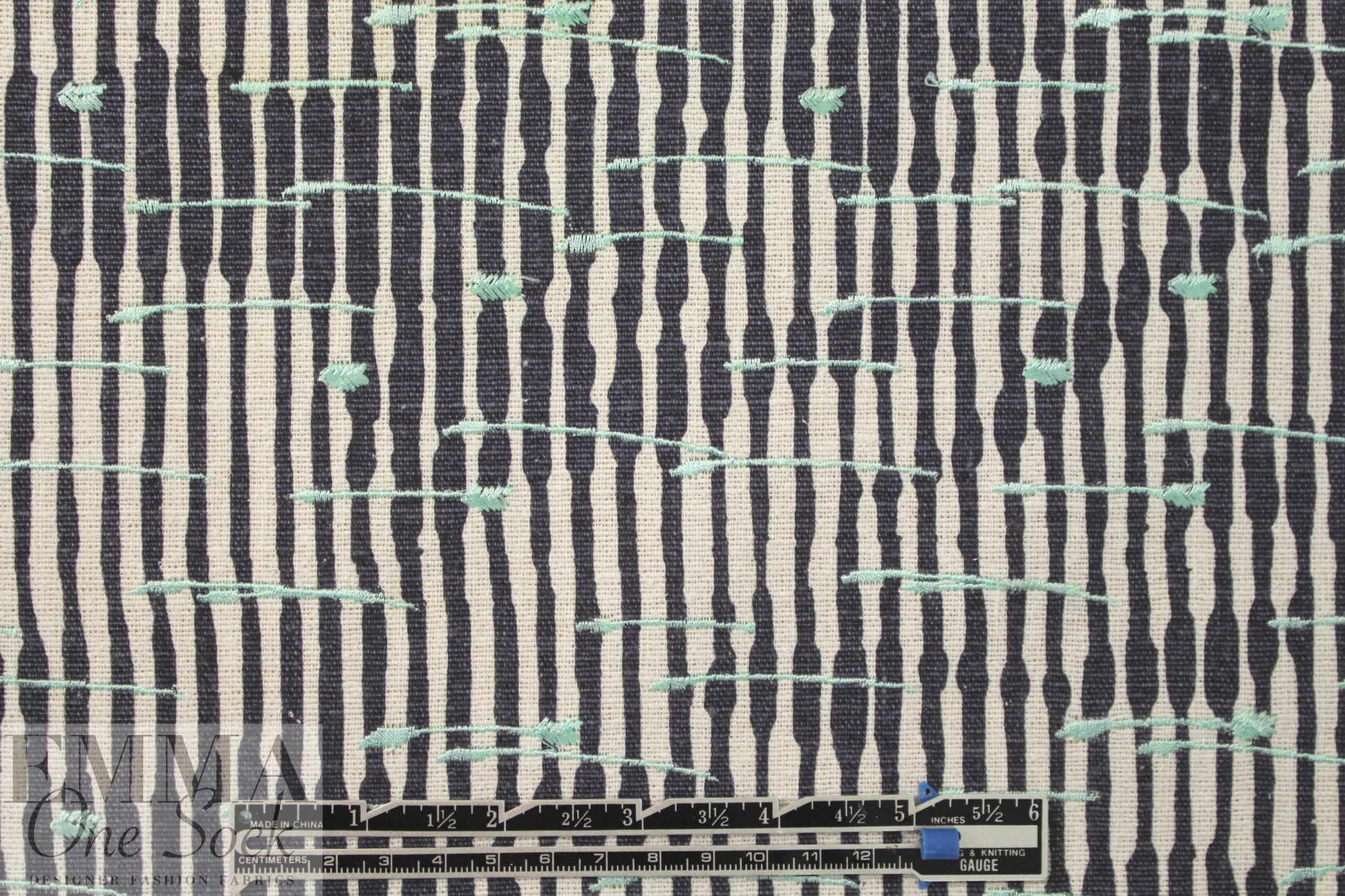 NY designer printed, embroidered silk/linen - mint stripe