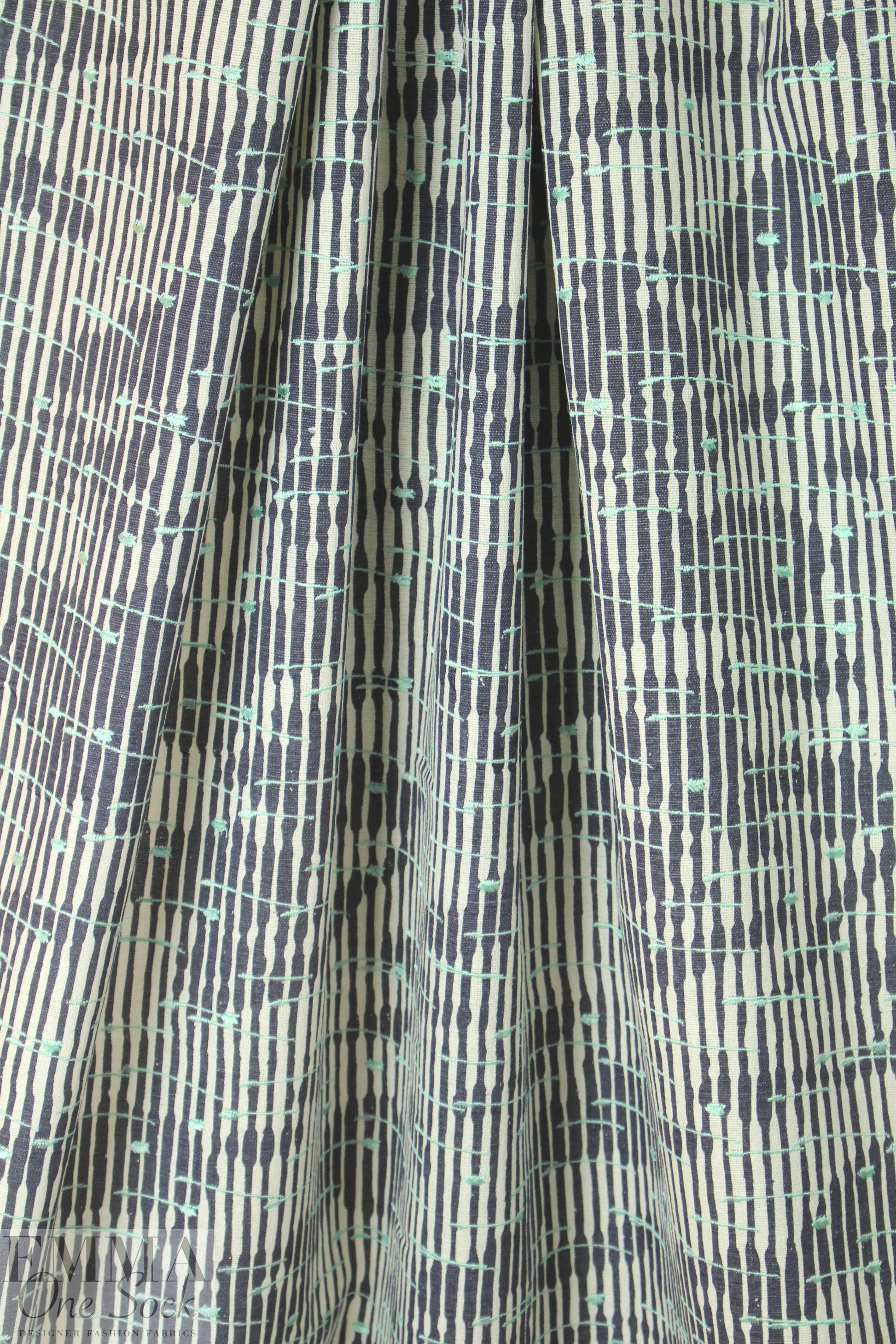 NY designer printed, embroidered silk/linen - mint stripe