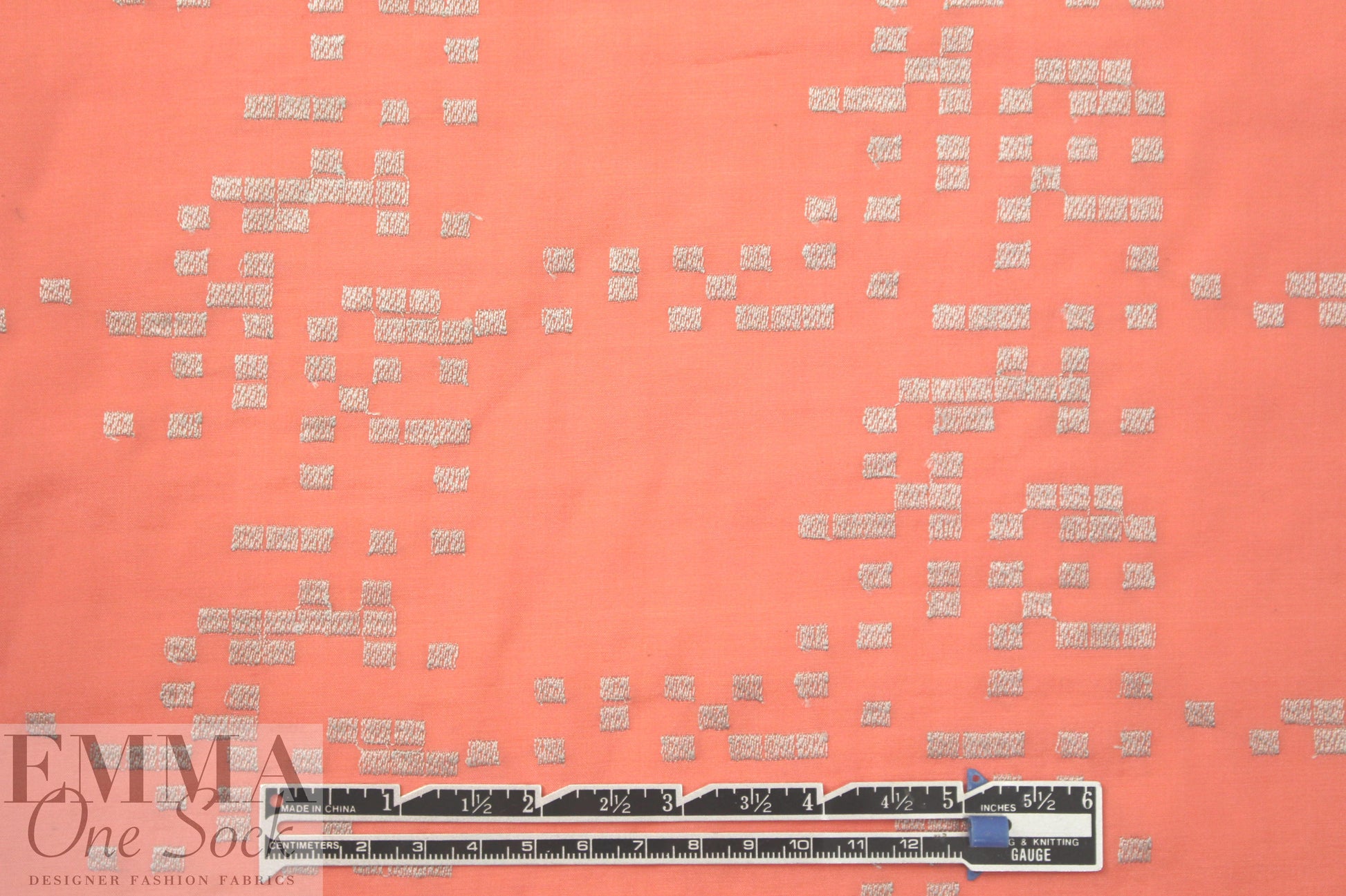 NY designer embroidered voile - coral/platinum squares