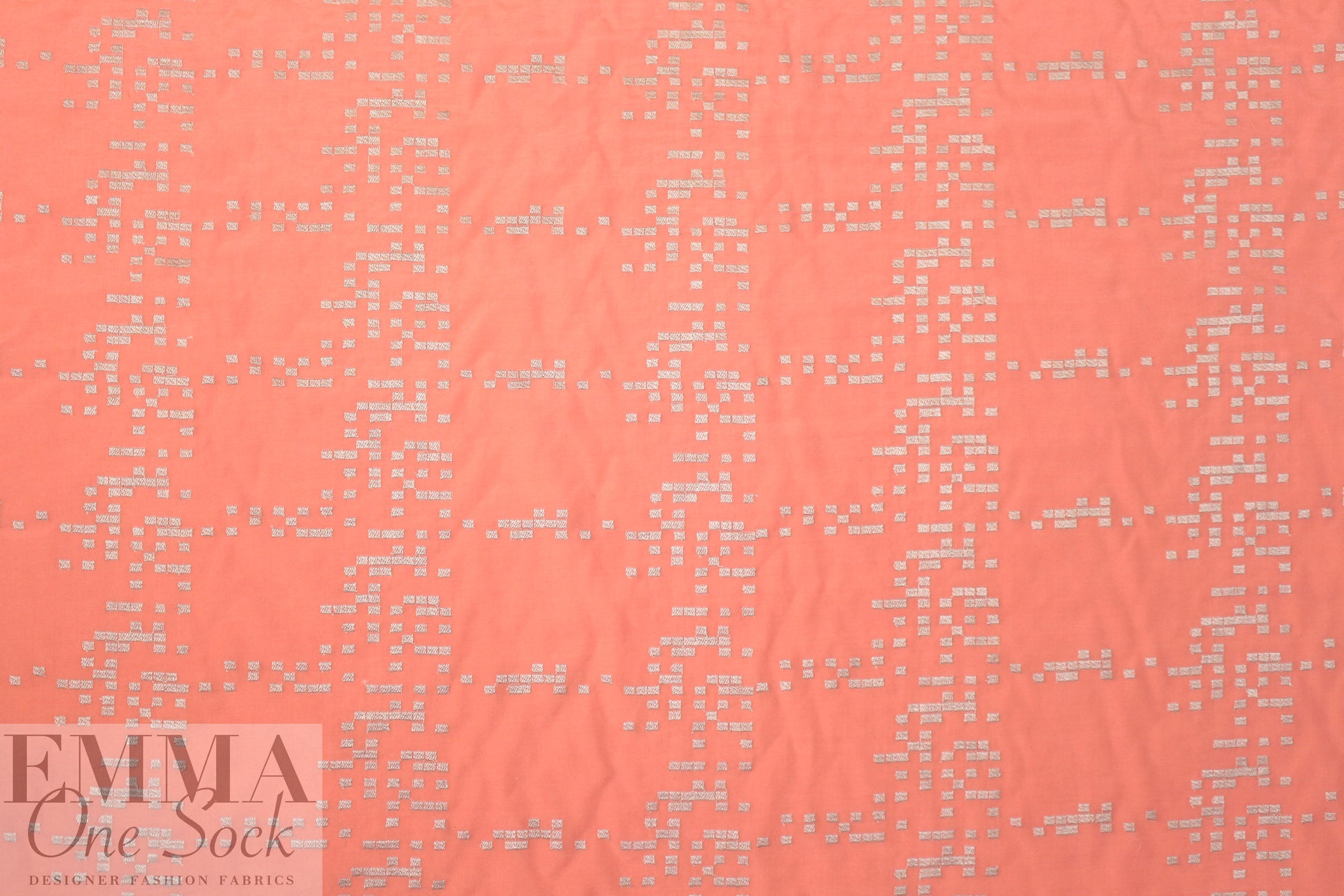 NY designer embroidered voile - coral/platinum squares