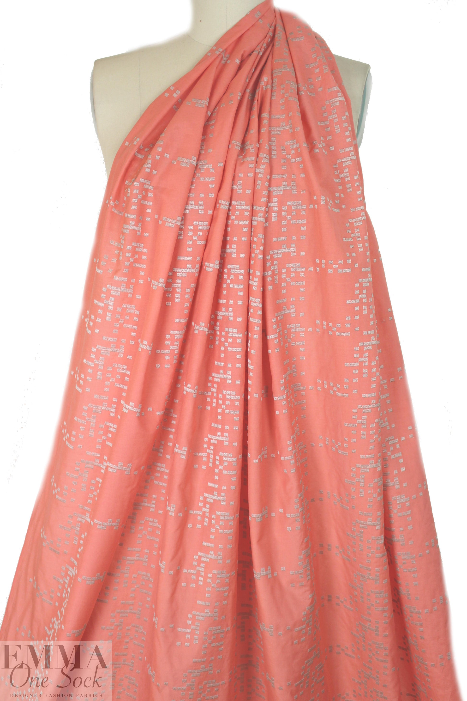 NY designer embroidered voile - coral/platinum squares .875 yds