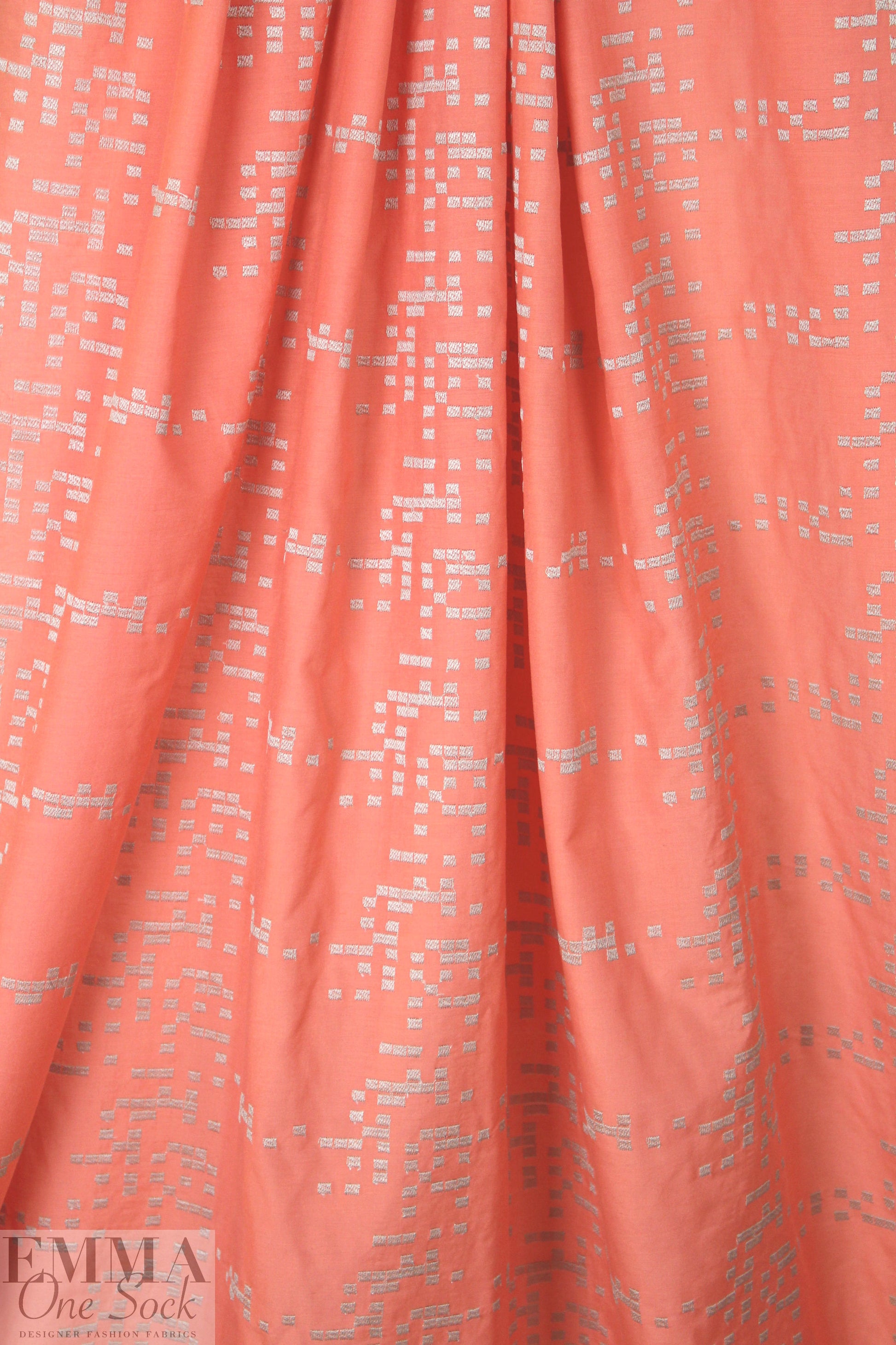 NY designer embroidered voile - coral/platinum squares .875 yds