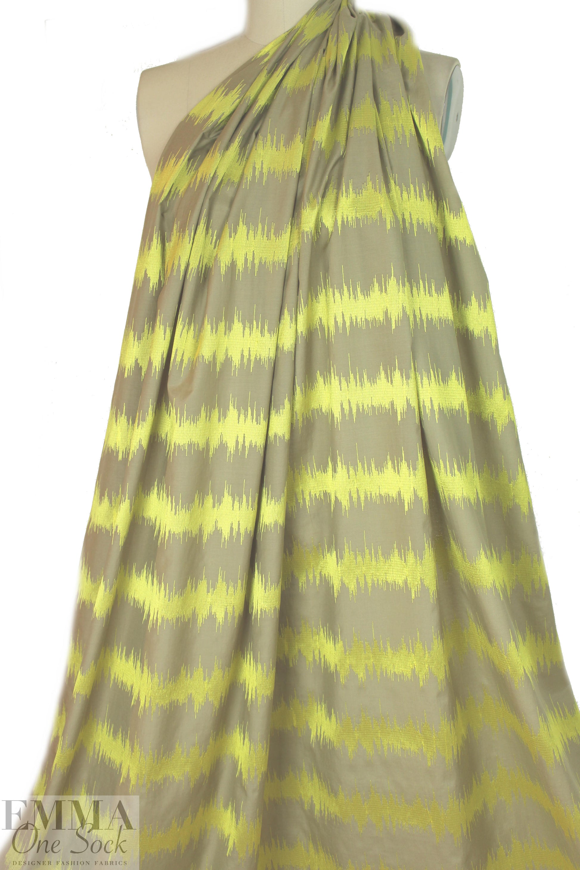 NY designer embroidered voile - khaki/lemon static 2 yd