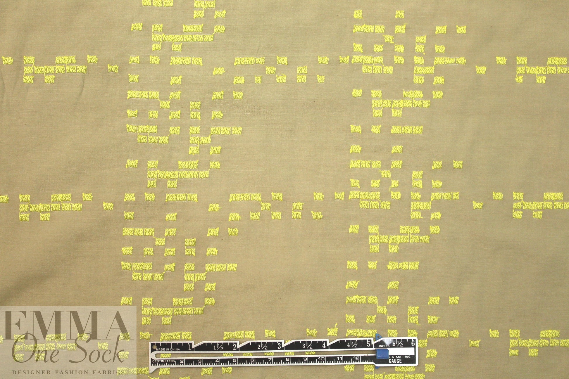 NY designer embroidered voile - khaki/lemon squares .875 yds