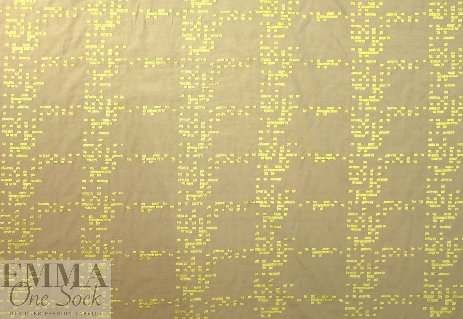 NY designer embroidered voile - khaki/lemon squares .875 yds