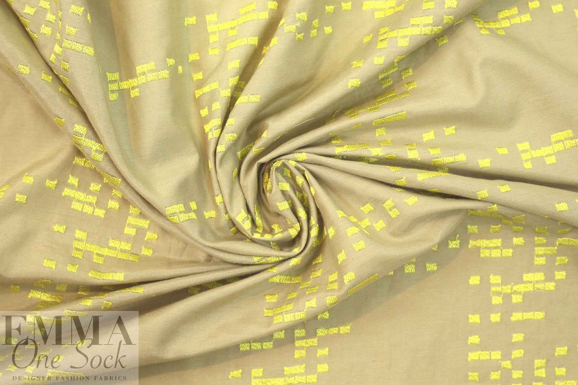 NY designer embroidered voile - khaki/lemon squares 1.66 yd